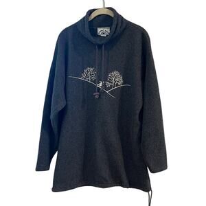 Vintage Winter Scene Skiers Long Pullover-Oversized- Granny Core-Gray-Size M